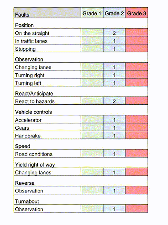 RSA driving test faults marking sheet — faults grouped by category (Position, Observation, Speed and more) with Grade 1, 2 and 3 columns